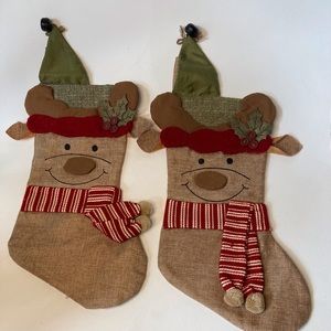 Pair of Burlap Reindeer Christmas Stockings